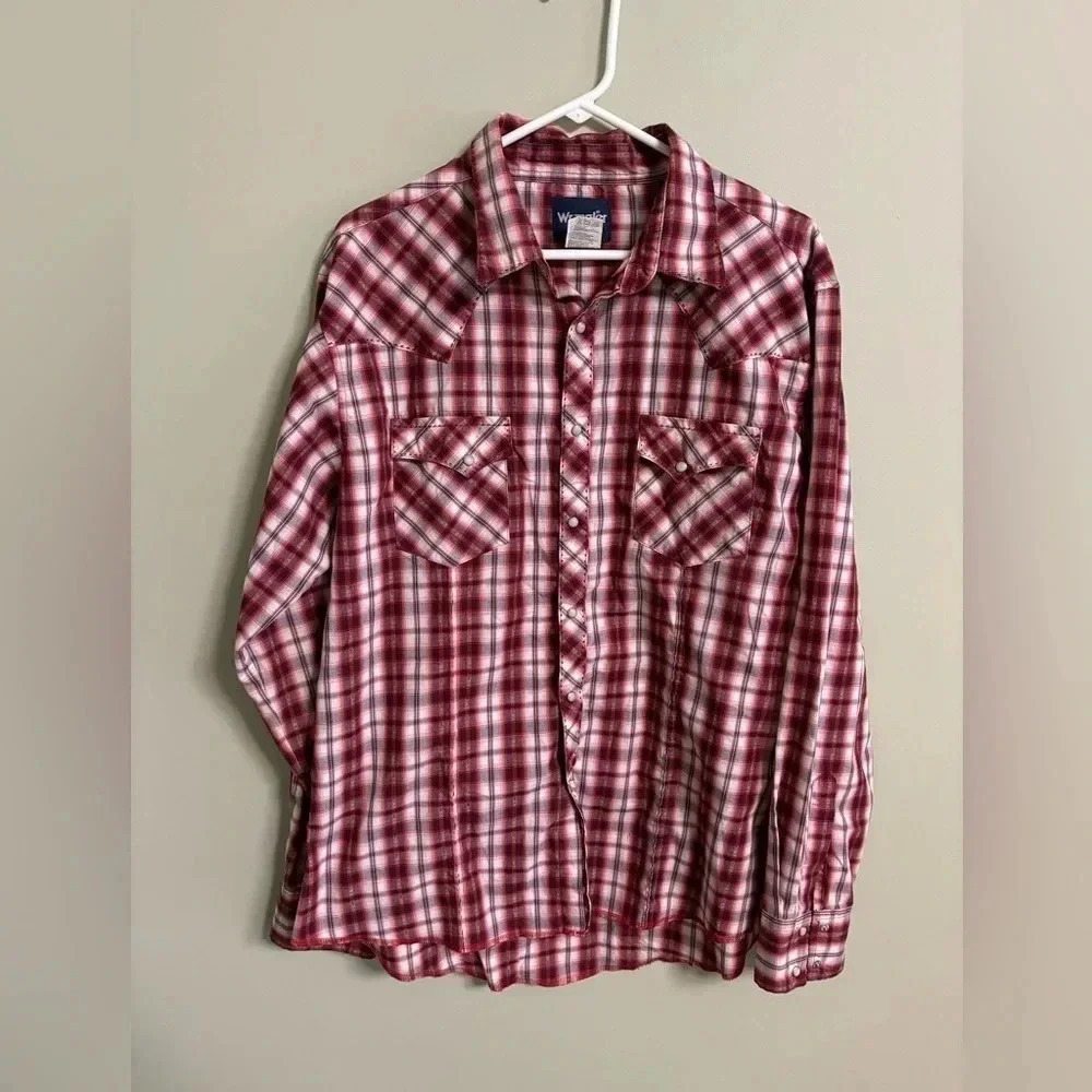 Wrangler Western Pearl Snap Shirt Men's Size Large‎ Red Plaid Cowboy Rodeo